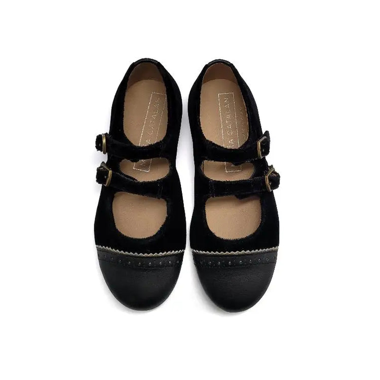 Maria Catalan Black Velvet Gold Trim Double Buckle Mary Jane 705705 - GIRLS