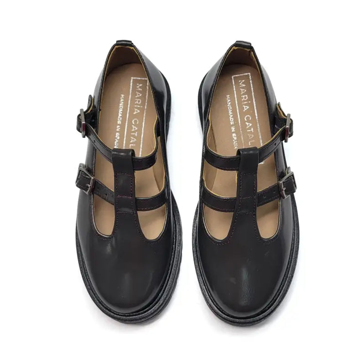 Maria catalan grey florentic burgundy stitching t-strap chunky school shoe 710723 - t strap