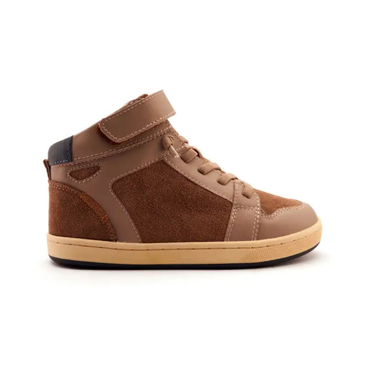 This is a picture of the Oldsoles Taupe Suede No tie High Top Sneaker 1057 for boys.