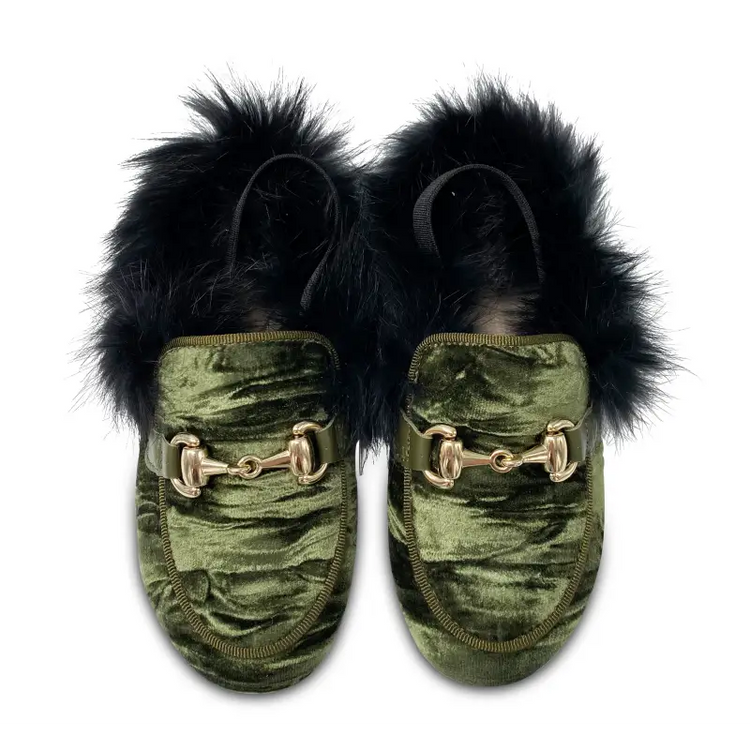 Olive green crushed velvet slingback fur chain mule 3087 - girls