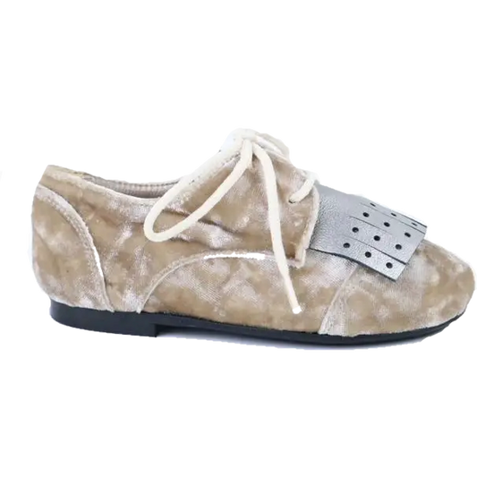 Papanatas beige velvet fringe tie shoe 6765x - girls