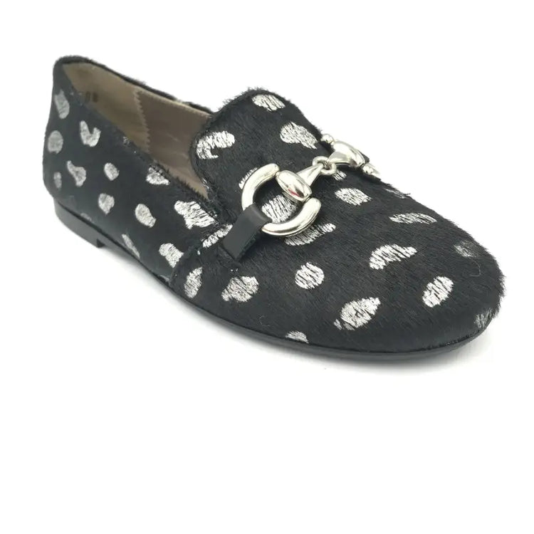 Papanatas black silver dalmatian pony hair slip on loafer 6474p - girls