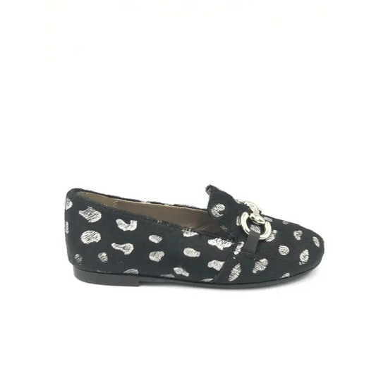 Papanatas black silver dalmatian pony hair slip on loafer 6474p - girls