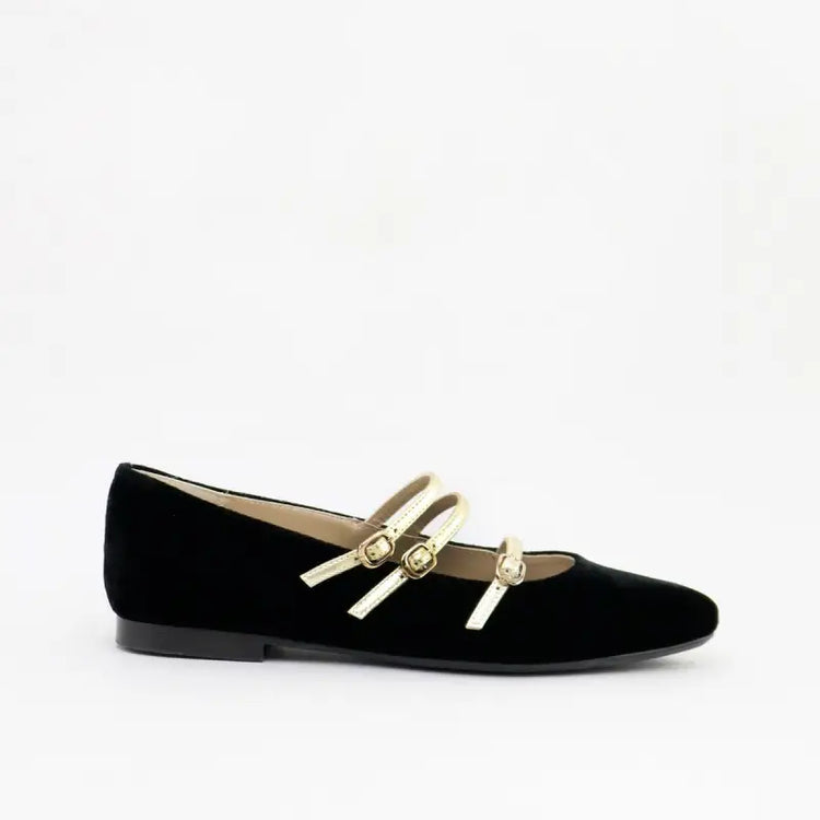 Papanatas black velvet triple gold buckle pointed mary jane 48003ab - girls