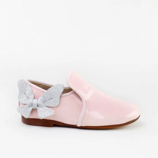 Papanatas light pink patent leather silver butterfly slip on loafer 6957aa - girls
