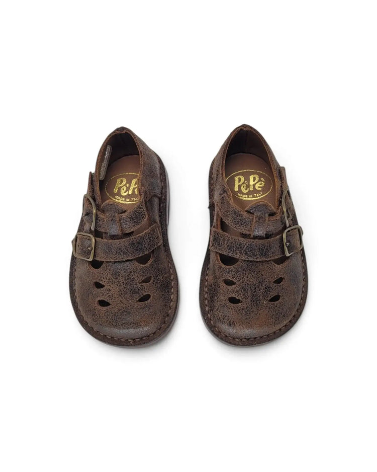 Pepe’ dark brown vintage double t-bar | kids 206 fast shipping