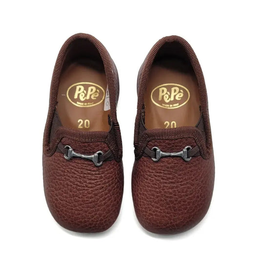 Pair of brown loafers with brand logo on a white background