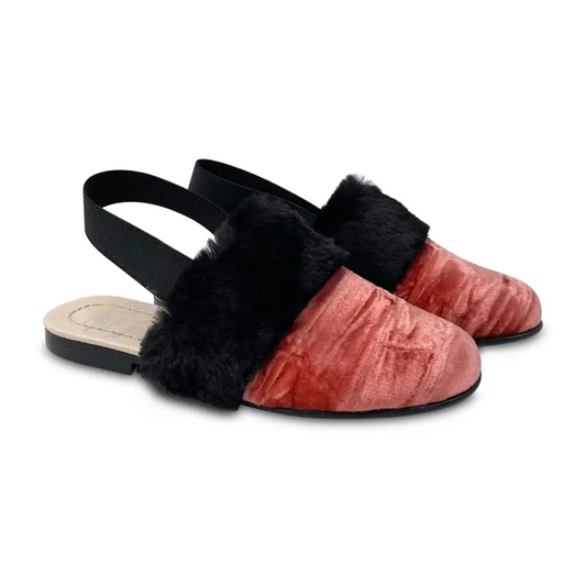 Pink crushed velvet black fur slingback mule 2406 - girls