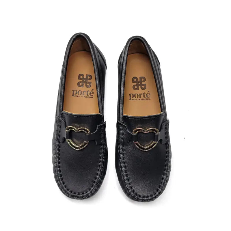 Porte black leather heart bit slip on loafer 6318 - loafers girls