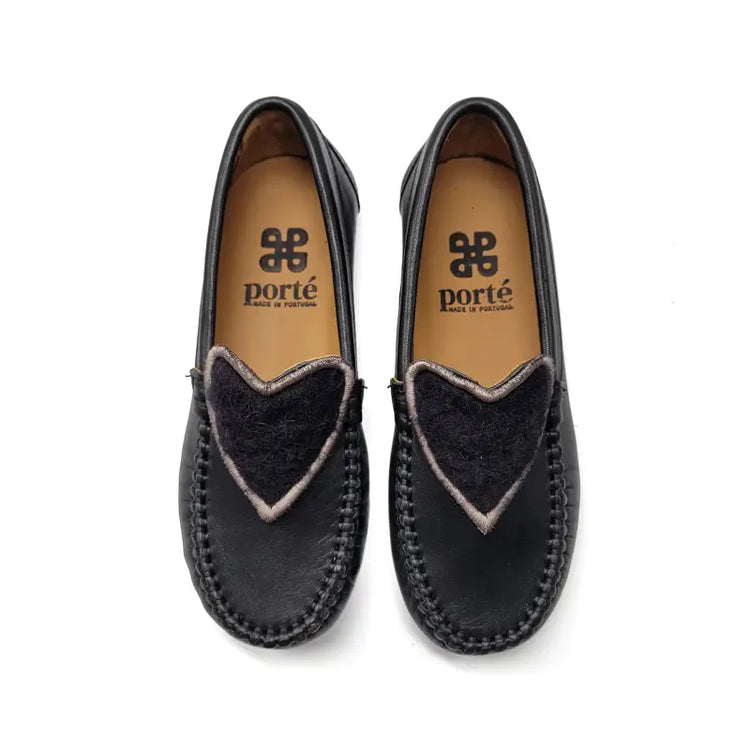 Porte black leather shearling heart slip on loafer 6275 - loafers girls