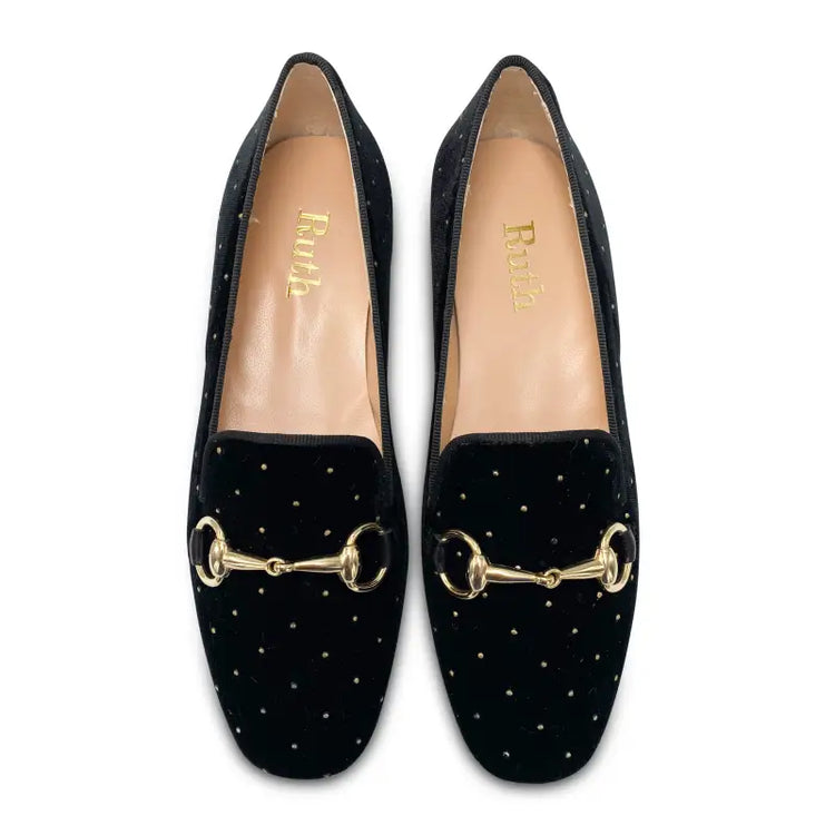 Ruth secret black velvet gold studded chain slip on 2604 - girls