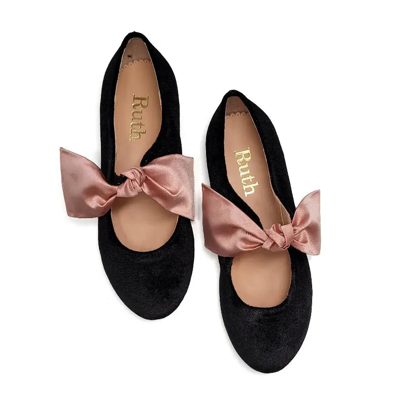 Ruth Secret Black Velvet Pink Satin Bow Mary Jane 3304 - GIRLS