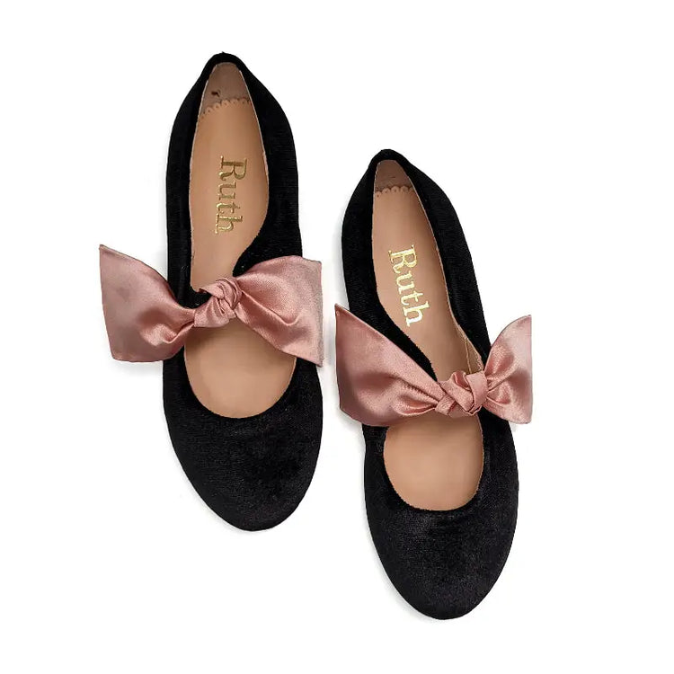 Ruth Secret Black Velvet Pink Satin Bow Mary Jane 3304 - GIRLS