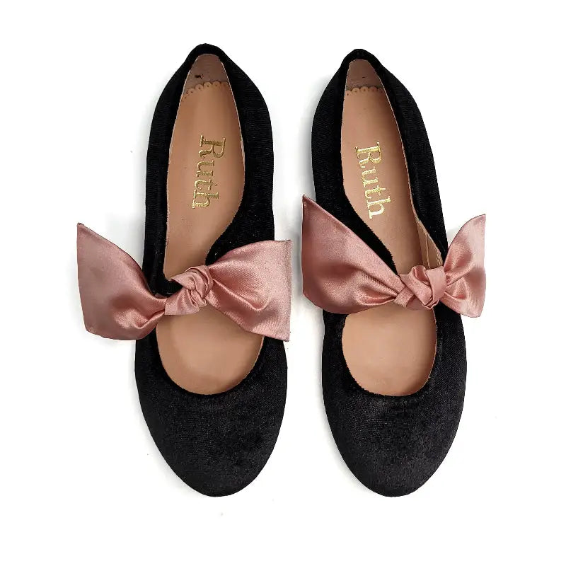 Ruth Secret Black Velvet Pink Satin Bow Mary Jane 3304 - GIRLS