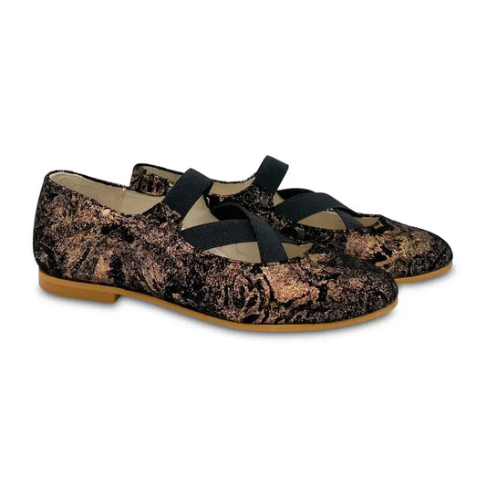 Sonatina lady rose gold black floral elastic slip on - mary jane