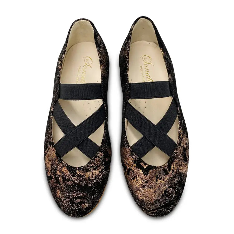 Sonatina lady rose gold black floral elastic slip on - mary jane