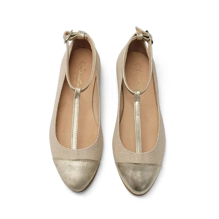 Sonatina loretta gold beige linen t-strap dress shoe - girls