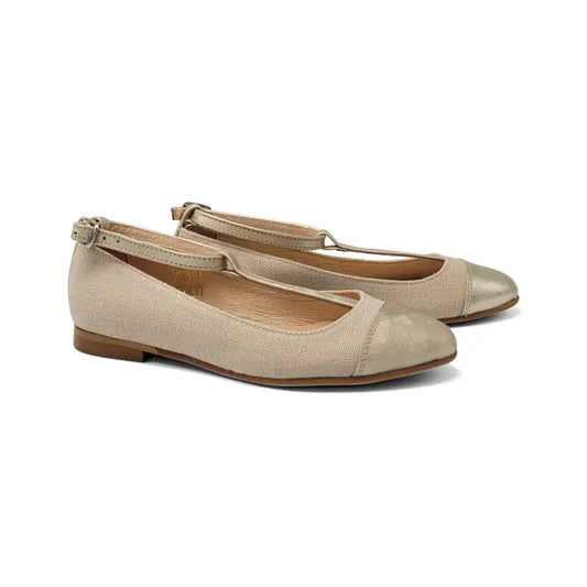 Sonatina loretta gold beige linen t-strap dress shoe - girls