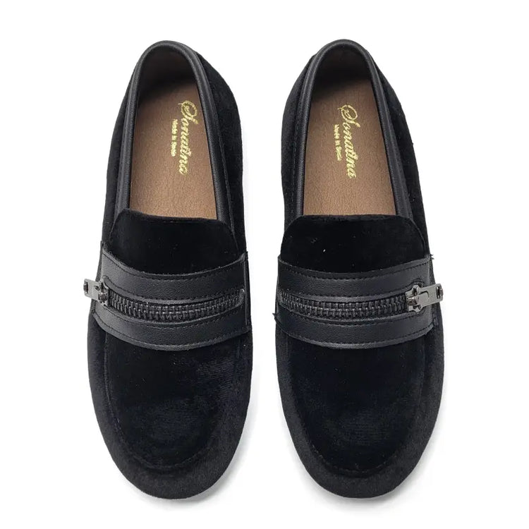 Pair of black loafers with a zipper detail on a white background