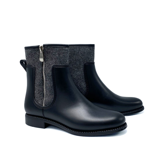 Henry Ferrera Black Grey Wool Marsala Silver Zipper Detail Short Rain Boot