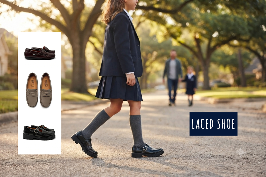 Child wearing Atlanta Mocassin leather loafers with a school uniform while walking confidently outdoors.