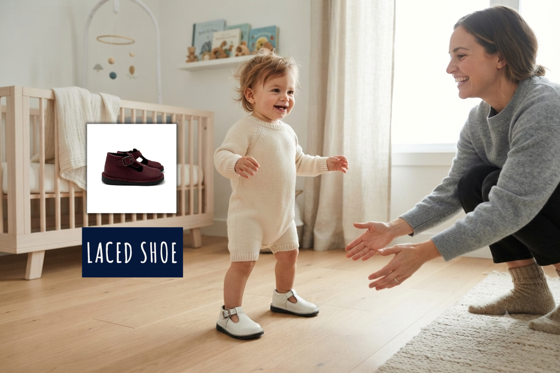 Toddler taking first steps wearing BluBlonc leather first walker shoes.