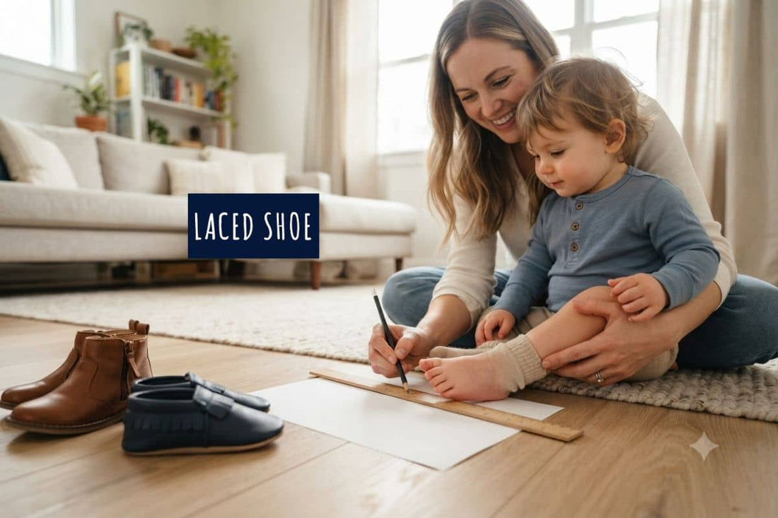 Mother measuring her child's feet at home before buying European children's shoes.