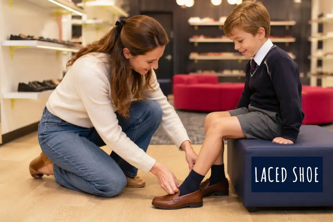 Mother checking the fit of her child's leather loafers before school