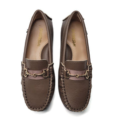 Pair of brown loafers with gold accents on a white background