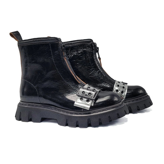 Rondinella Black Patent Silver Strap Chunky Bootie 12206