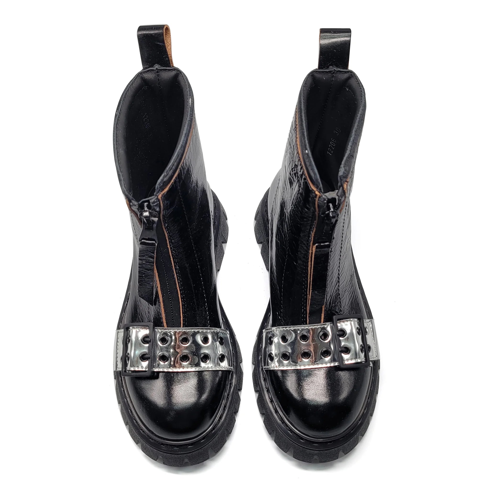 Rondinella Black Patent Silver Strap Chunky Bootie 12206