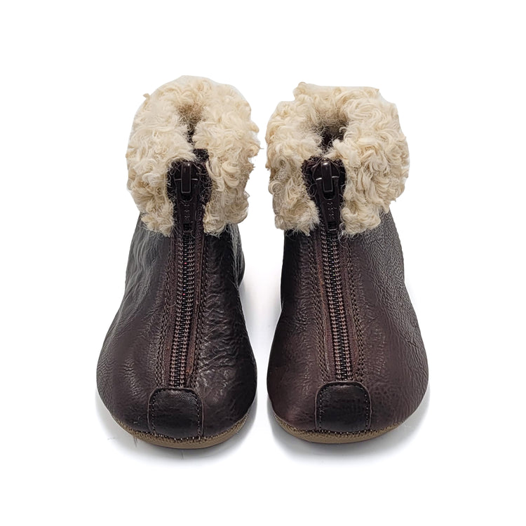 Pepe Chocolate Brown Curly Fur Trimmed Front Zipper Bootie 225
