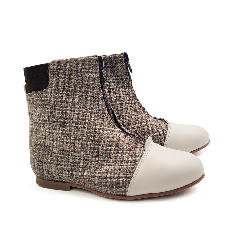 LMDI Oyster Tweed Brown Ivory Front Zipper Bootie