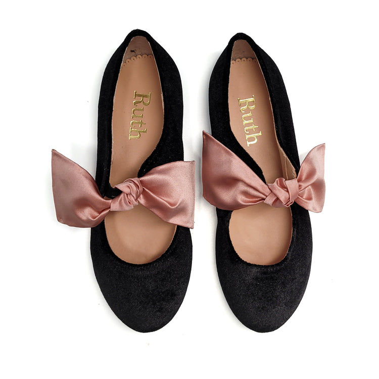 Ruth Secret Black Velvet Pink Satin Bow Mary Jane 3304