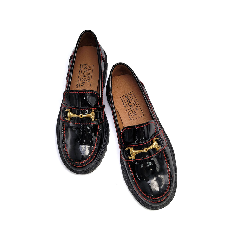 ATLANTA MOCASSIN Black Patent Red Stich Chunky Chain Loafer-17K