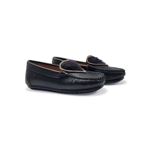 Porte Black Leather Shearling Heart Slip On Loafer 6275
