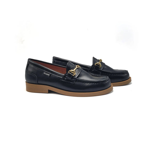 Pair of navy loafers with gold accents chain honey sole on a white background