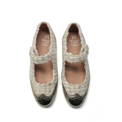 Manuela De Juan Ivory Gold Tweed Wingtip Mary Jane S3106