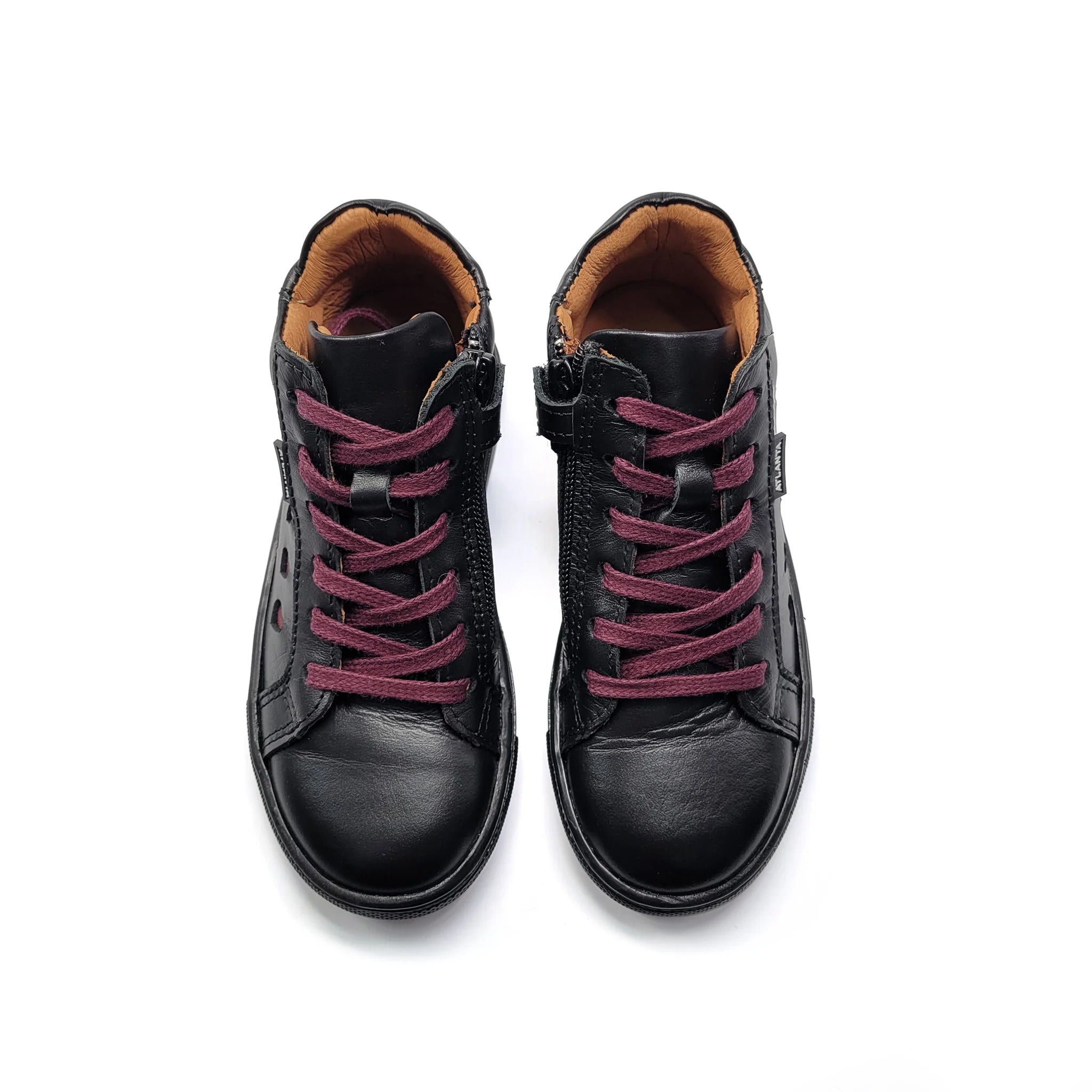 Pair of black high-top sneakers with maroon laces on a white background