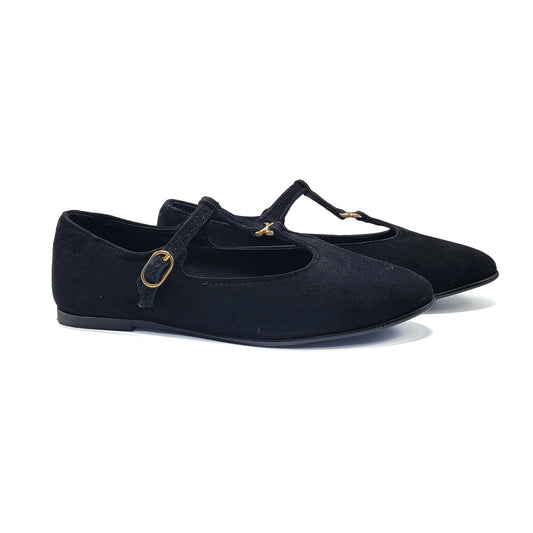 Pair of black suede shoes with gold accents on a white background
