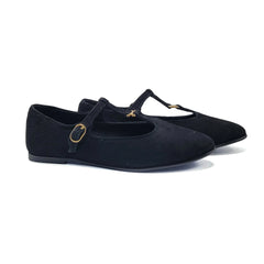 Pair of black suede shoes with gold accents on a white background
