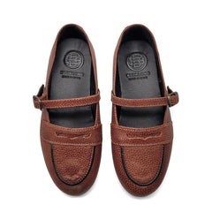 Pair of brown loafers with a strap on a white background