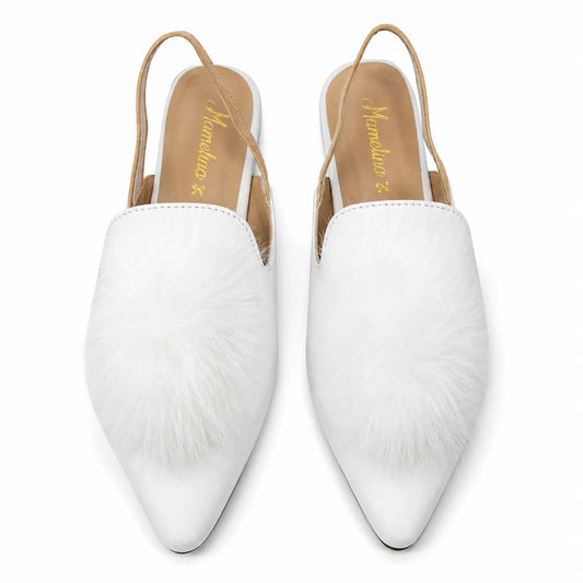 Mamelina White Leather Pom Pom Slingback 3636