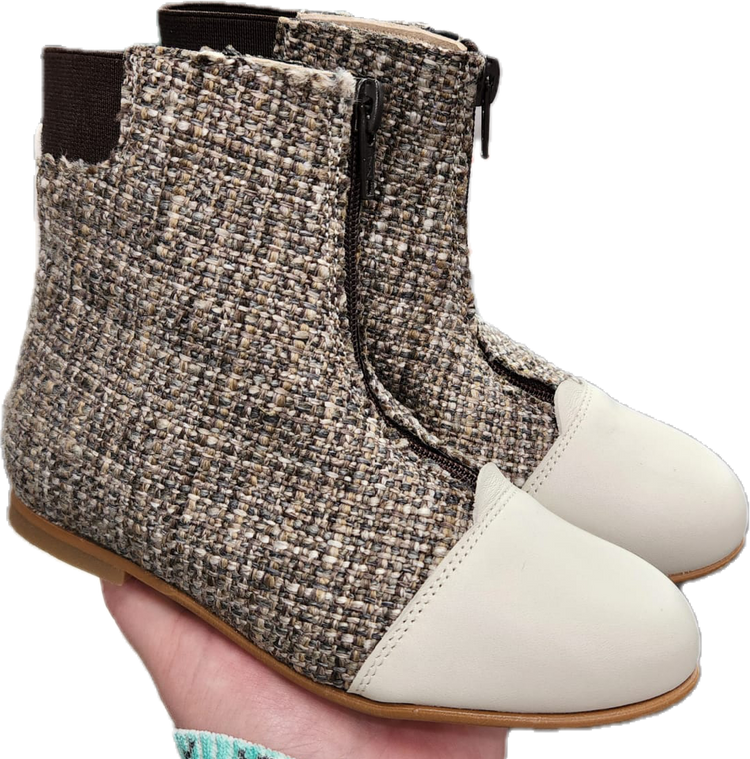 LMDI Oyster Tweed Brown Ivory Front Zipper Bootie