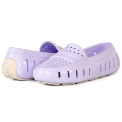 Pair of lavender clogs with white soles on a white background