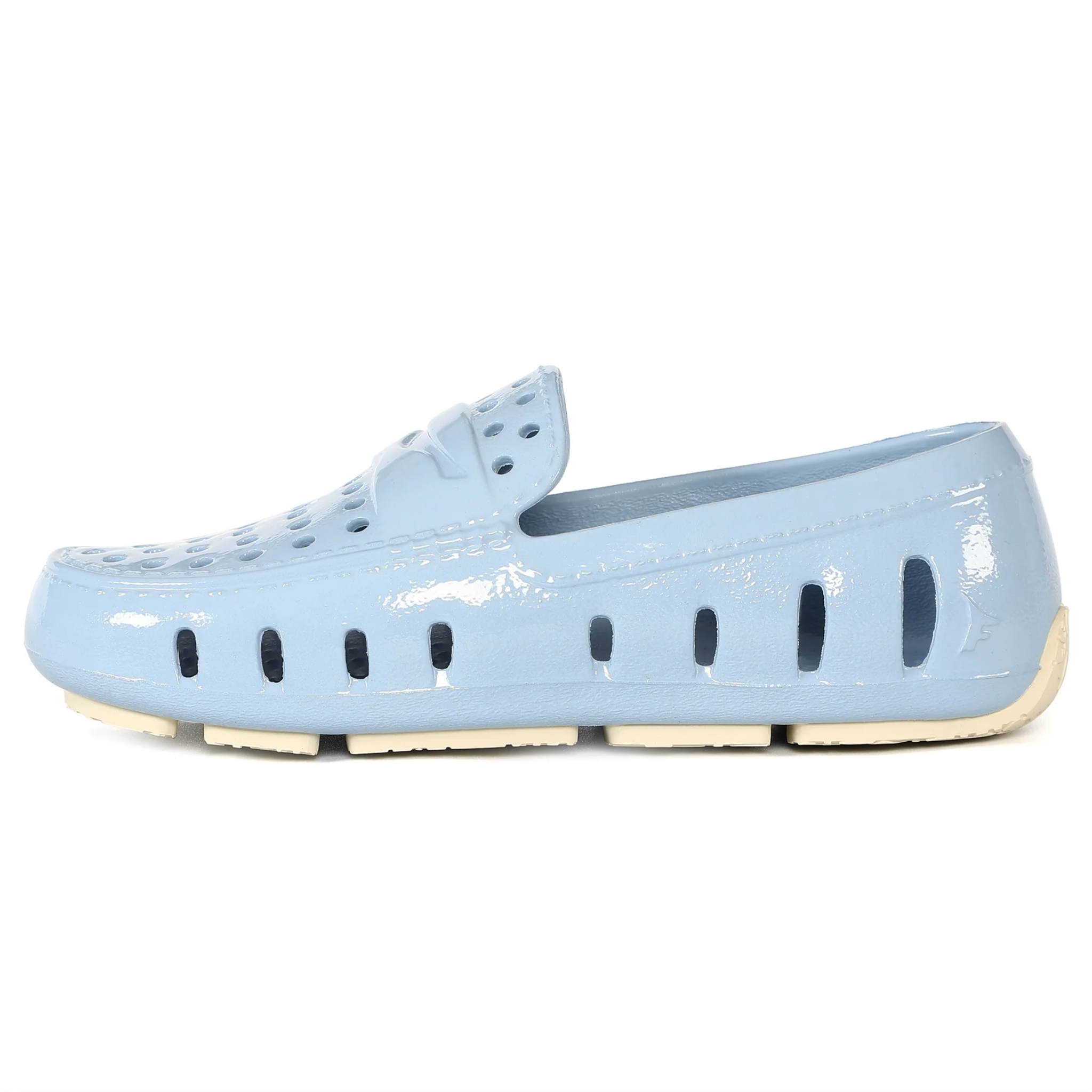 Light blue shoe with a white sole on a white background