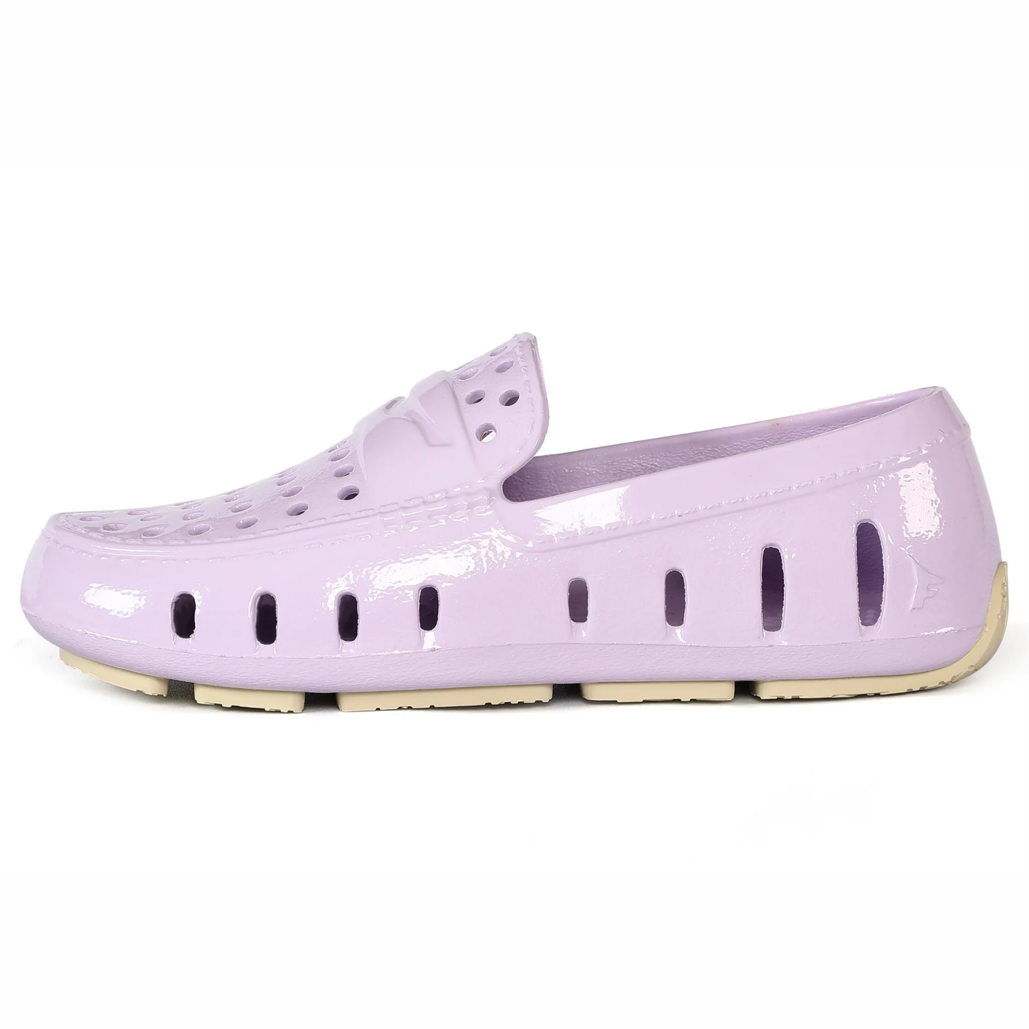 Lavender patent leather shoe on a white background