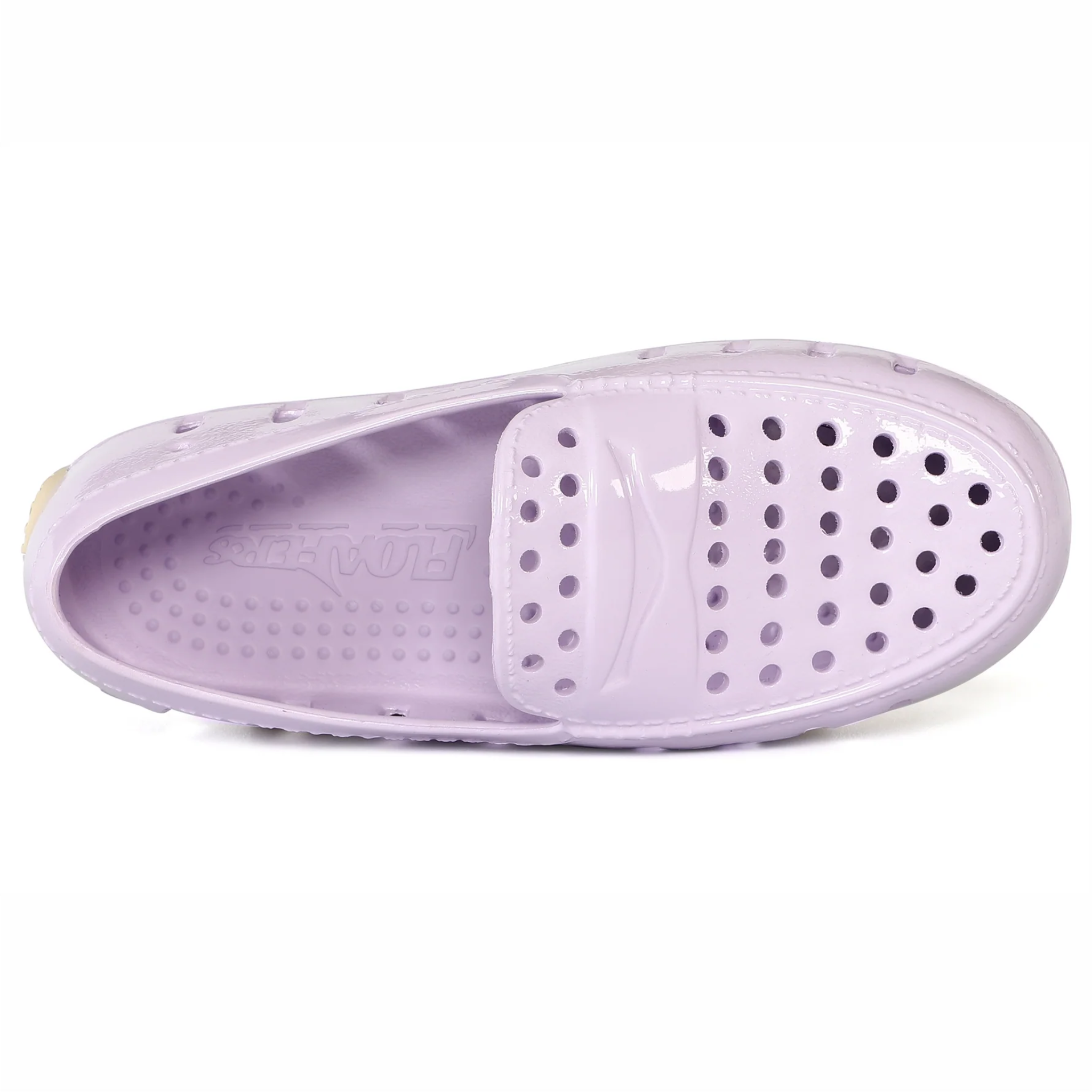 Purple sandal with a white sole on a white background