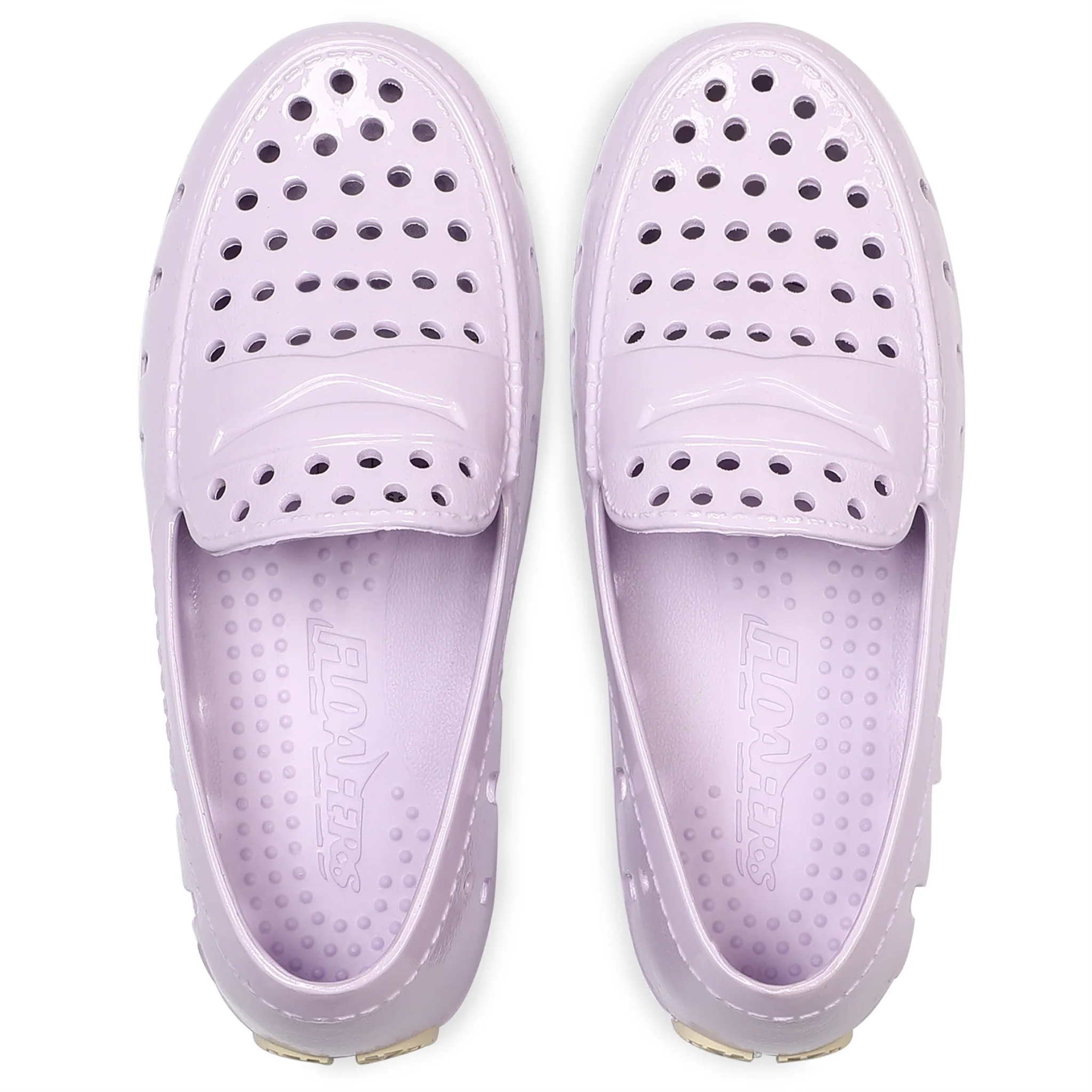 Pair of lavender clogs on a white background