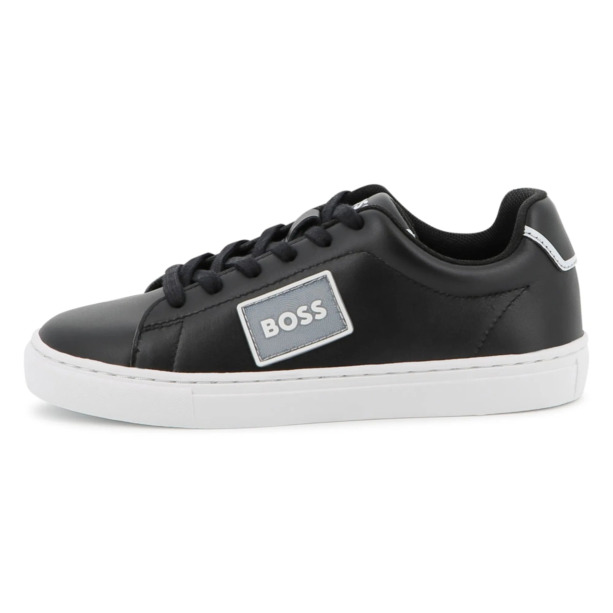 Black sneaker with a 'BOSS' logo on a white background